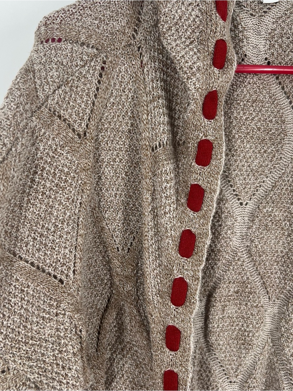 Textured Knit Hooded Cardigan with Red Trim - Picture 4 of 7